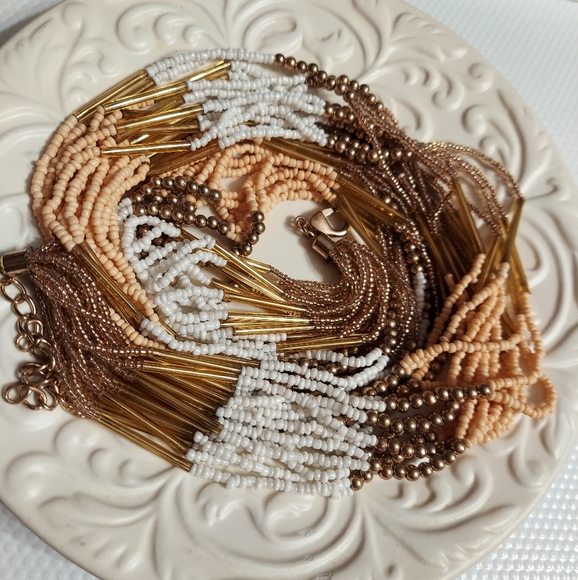 ALDO Gold Tone/Multi-Strand Seed Bead Waterfall Statement Necklace - Picture 2 of 6